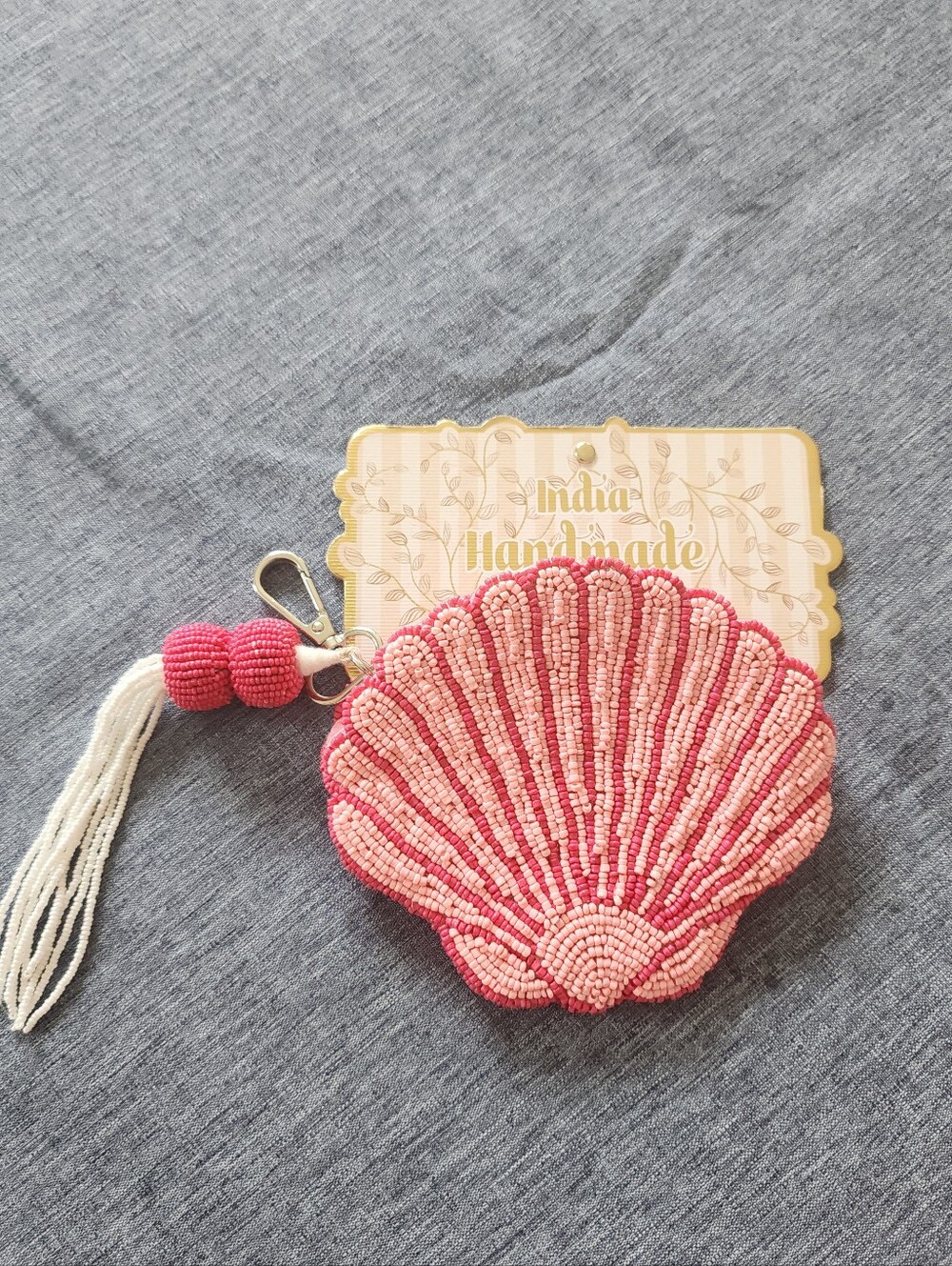 Hand Beaded Shell Coin Pouch Keychain - Pink & Light Pink